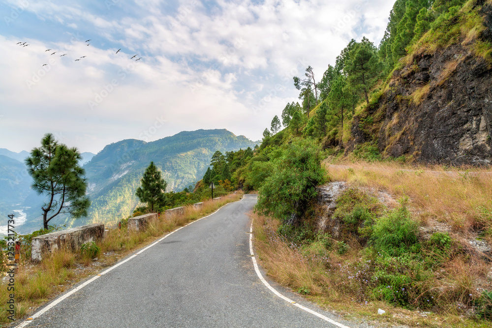 Himalaya mountain highway road with scenic landscape at Munsiyari Uttarakhand India.