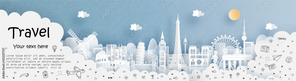 Fototapeta premium Tour and travel advertising template with travel the world with France, England, Italy, Holland and Europe famous landmarks in paper cut style vector illustration