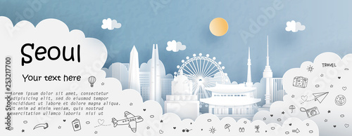 Tour and travel advertising template with travel to Seoul, South Korea with famous landmarks in paper cut style vector illustration