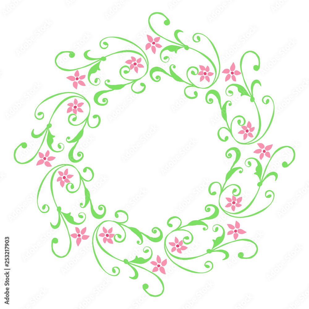 Vector illustration design artwork frame flower pink leaf green with greeting card template hand drawn