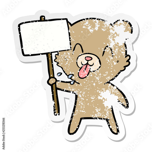 distressed sticker of a rude cartoon bear with protest sign