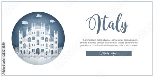 Duomo di Milano, Italy. World famous landmark with white frame and label. Travel postcard and poster, brochure, advertising Vector illustration. 