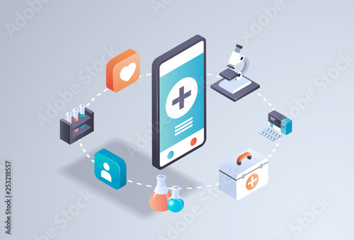 healthcare mobile application online medical laboratory concept smartphone screen medicine tests app interface digital technology 3d isometric horizontal flat
