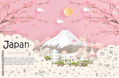 Tour and travel advertising, postcard, panorama poster of world famous landmark of Japan in paper cut style vector illustration.