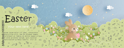 Easter card with cute bunny in the forest with tulip and flowers, plants. All in paper cut style vector illustration.