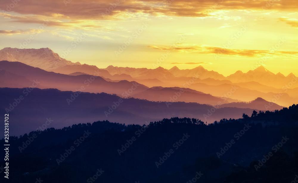 Himalaya mountain range at sunrise as seen from Kausani Uttarakhand India Himalaya mountain range at sunrise as seen from Kausani Uttarakhand India