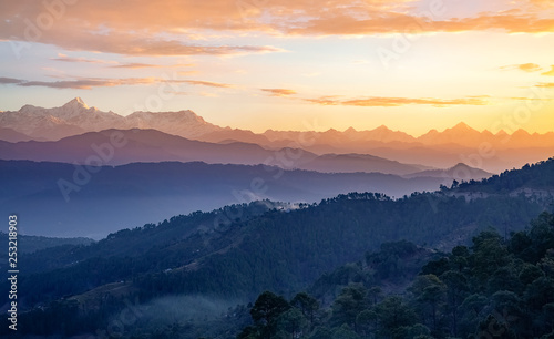 Himalaya mountain landscape at sunrise as seen from Kausani Uttarakhand India