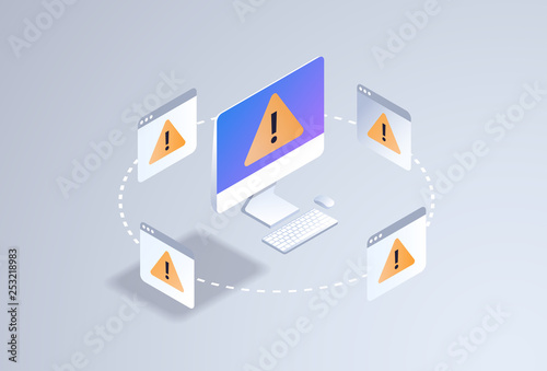 problem computer application software error concept 3d isometric technology exclamation mark icon pc monitor screen alert warning notification horizontal photo