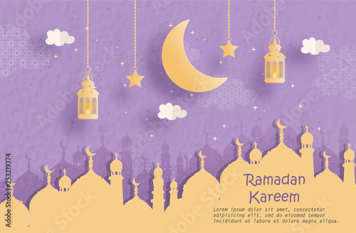 Eid Mubarak greeting Card, Ramadan Kareem for banner, poster, background, illustration, brochure and sale background in paper cut style. Vector illustration