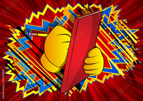 Vector cartoon hand writing with pencil on a books cover. Illustrated sign on comic book background.