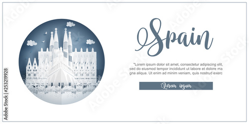 Sagrada Familia, Spain. World famous landmark with white frame and label. Travel postcard and poster, brochure, advertising Vector illustration.