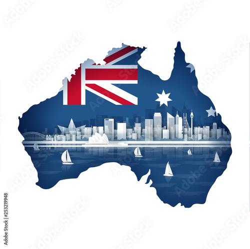 Australia map concept with flag and famous landmark for travel postcard and poster, brochure, advertising in paper cut style vector illustration