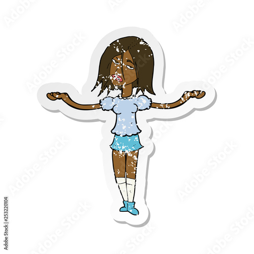 retro distressed sticker of a cartoon woman shrugging shoulders