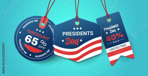 happy presidents day holiday sale concept american flag colors price paper label tags set with text special offer discount flat horizontal blue background