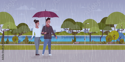 lovers couple under umbrella man woman romantic walking in rain city urban park landscape background full length characters flat horizontal