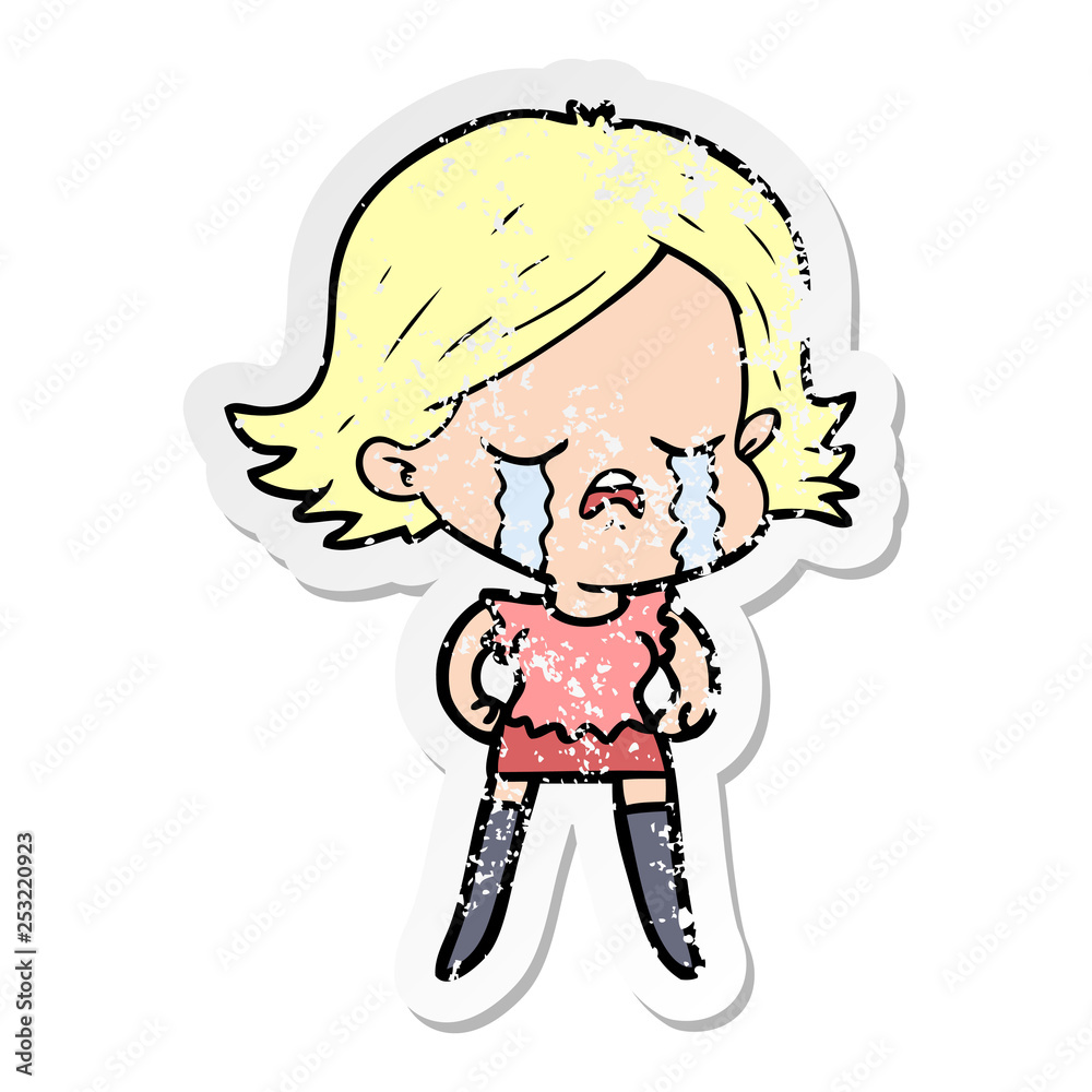 distressed sticker of a cartoon girl crying distressed sticker of a cartoon girl crying