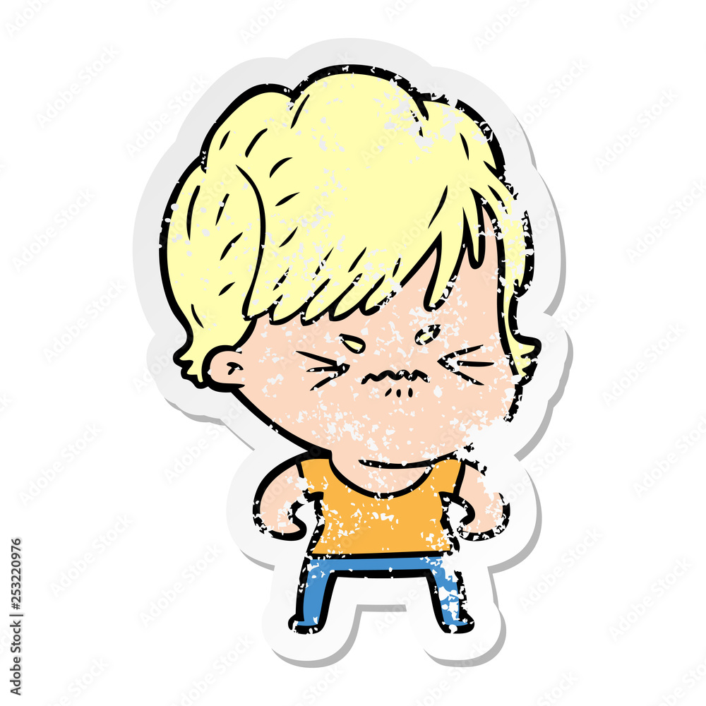 distressed sticker of a cartoon frustrated woman distressed sticker of a cartoon frustrated woman