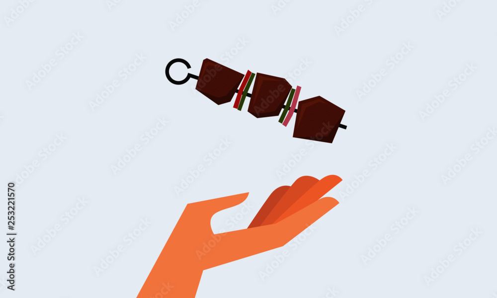 Vector illustration of a hand and kebab. Food and Eating Concept. Feeding and Helping Design