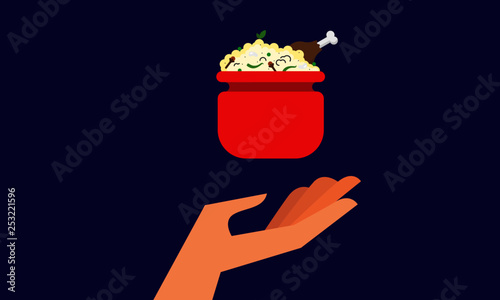 Vector illustration of a hand and biryani. Food and Eating Concept. Feeding and Helping Design