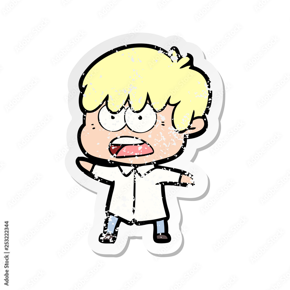 distressed sticker of a worried cartoon boy