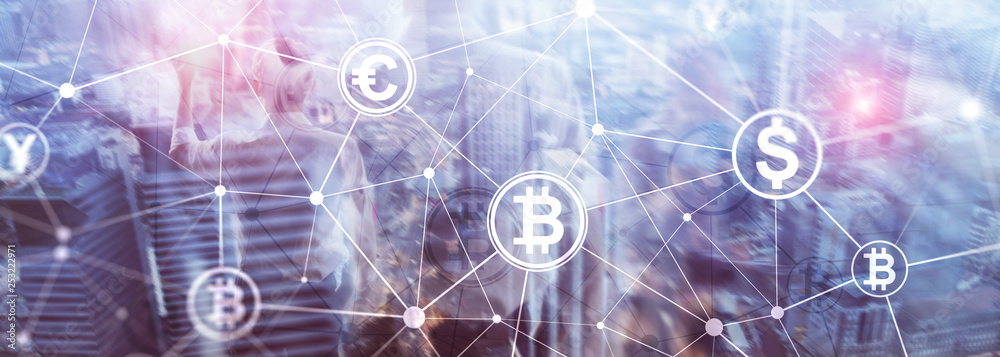 Double exposure Bitcoin and blockchain concept. Digital economy and currency trading. Double exposure Bitcoin and blockchain concept. Digital economy and currency trading.