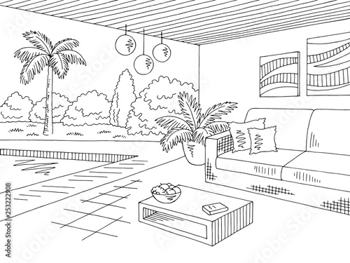 Vacation home lounge graphic black white landscape sketch illustration vector