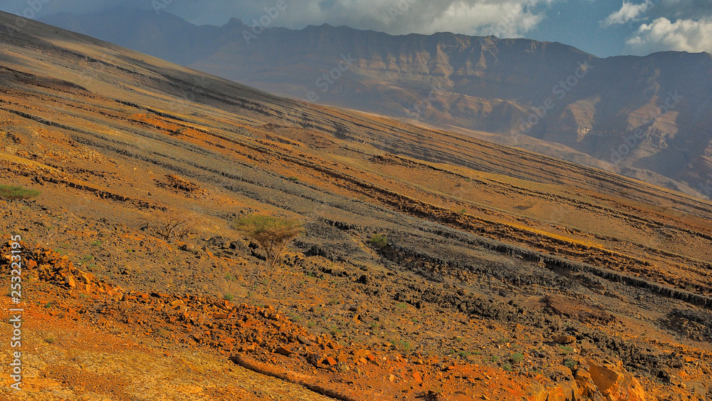 Fototapeta premium Fantastic mountain landscape. Ru'us al Jibal. al Hajar Mountains. Musandam. Oman