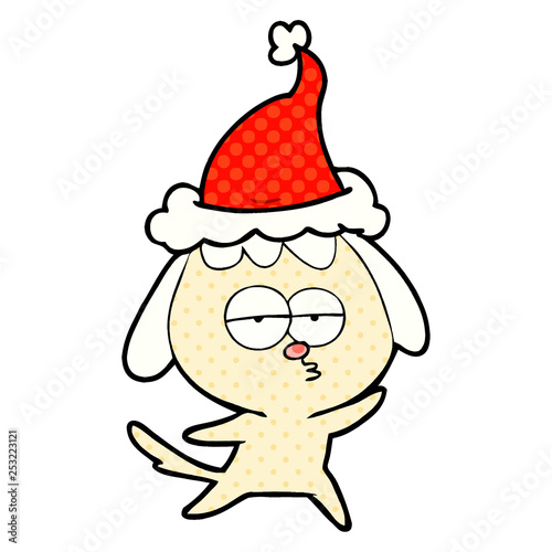 comic book style illustration of a bored dog wearing santa hat © lineartestpilot