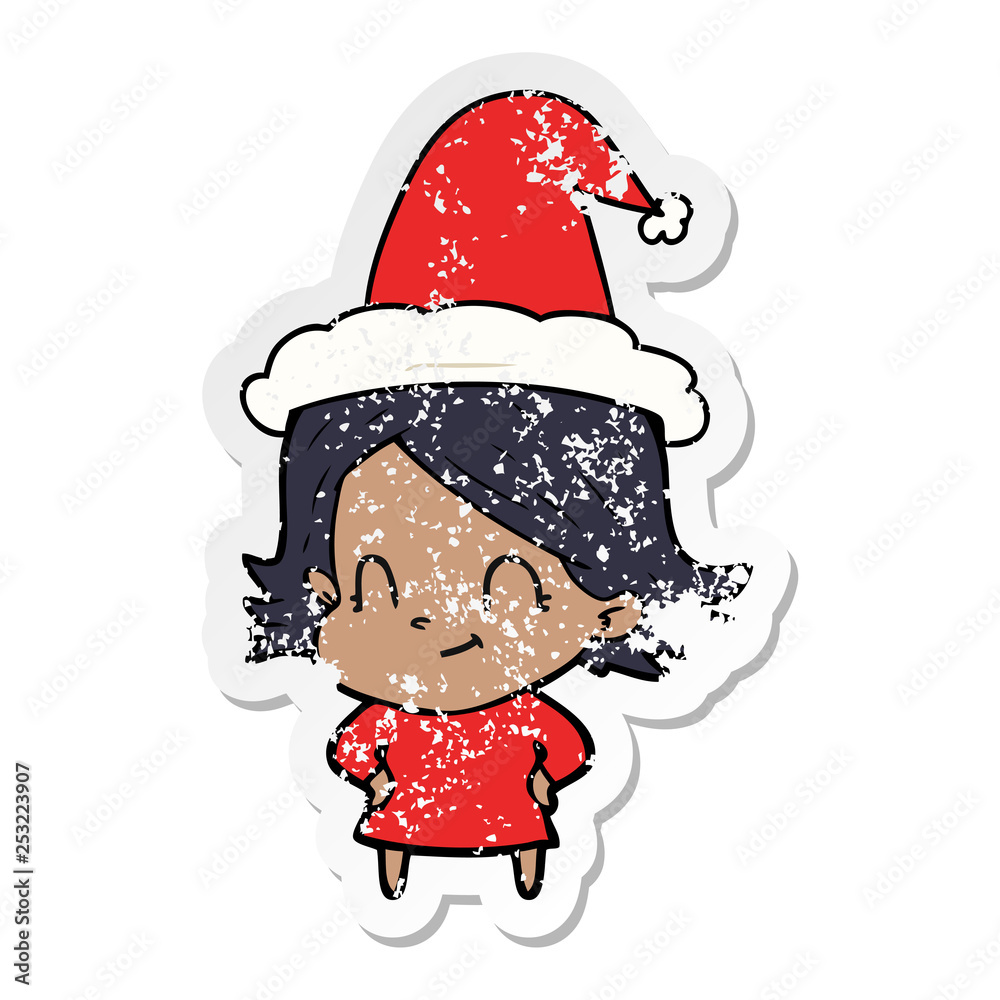 distressed sticker cartoon of a friendly girl wearing santa hat distressed sticker cartoon of a friendly girl wearing santa hat