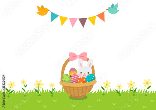 Easter basket on the grass and bunting flag with birds.Happy Easter background