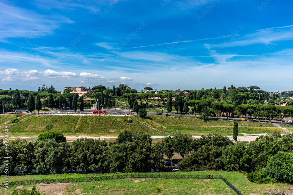 The ancient ruins of Circus Maximus in the valley between the Aventine and Palatine Hills, Roman Forum in Rome.