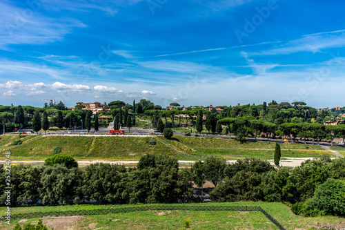 The ancient ruins of Circus Maximus in the valley between the Aventine and Palatine Hills  Roman Forum in Rome.