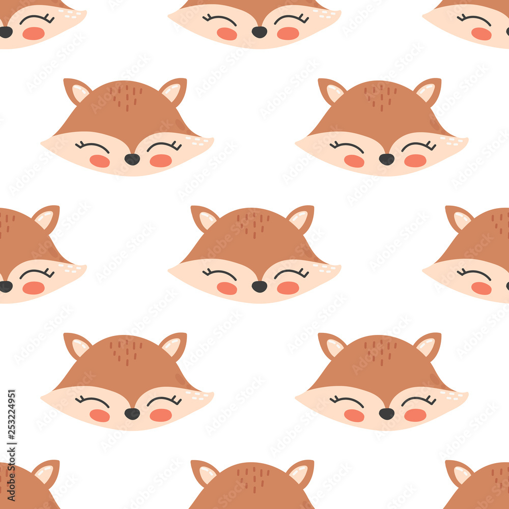 Cute cartoon fox face seamless pattern.