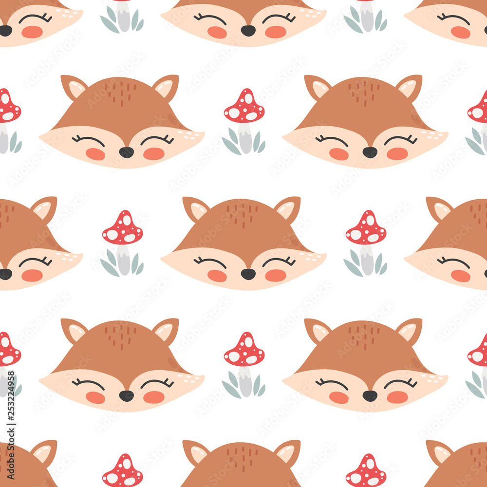 Cute cartoon fox face seamless pattern.