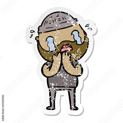 distressed sticker of a cartoon bearded man crying