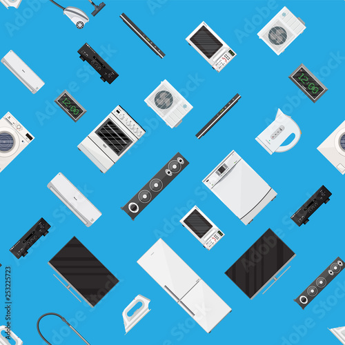 Seamless pattern. Household appliances electronic devices set. Freezer fan clocks vacuum stove washing machine microwave fridge iron kettle tv loudspeaker aircon. Vector illustration flat style