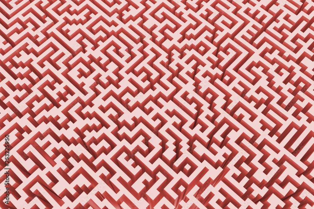 The texture of the three-dimensional model of the maze in pink, perspective view.