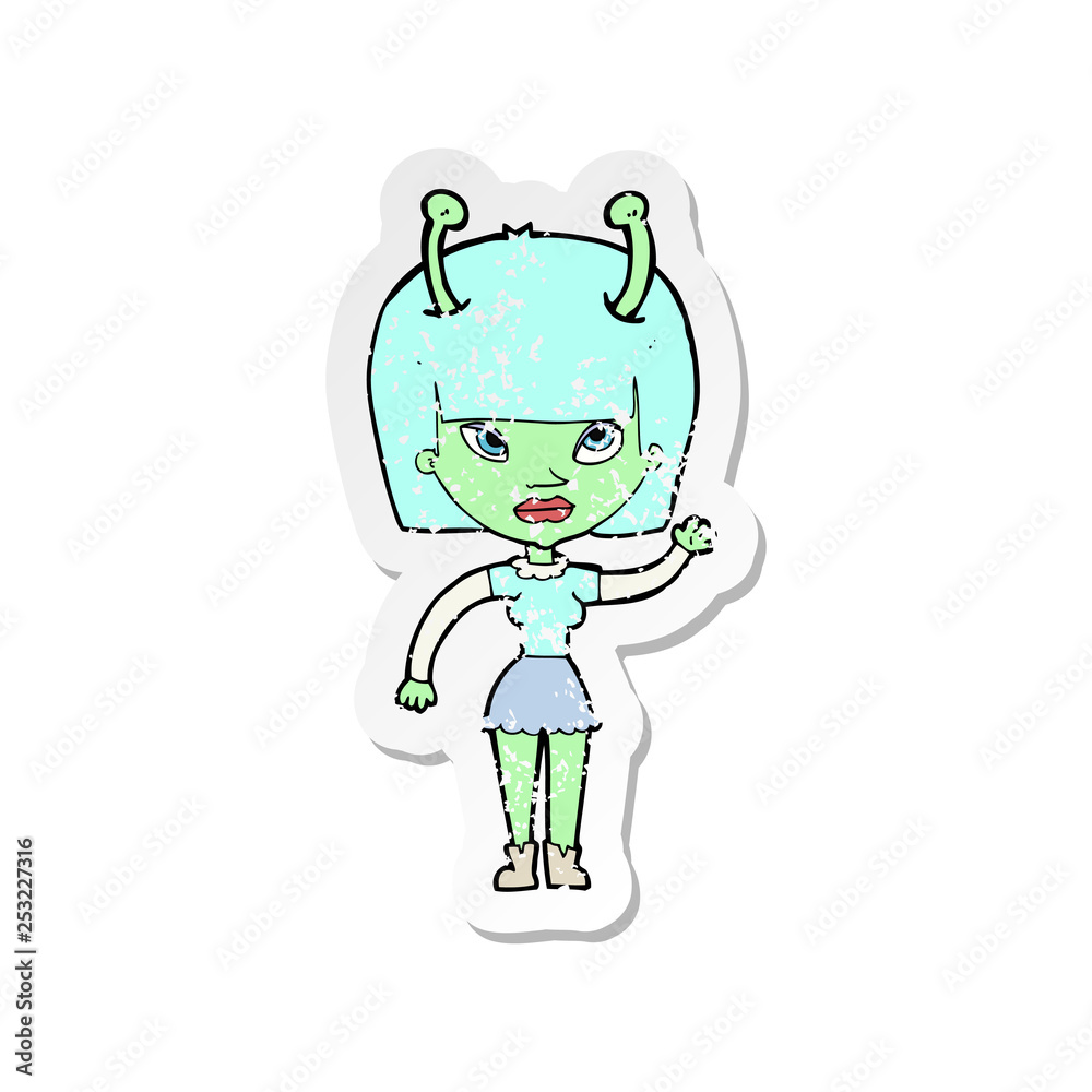 retro distressed sticker of a cartoon alien woman retro distressed sticker of a cartoon alien woman