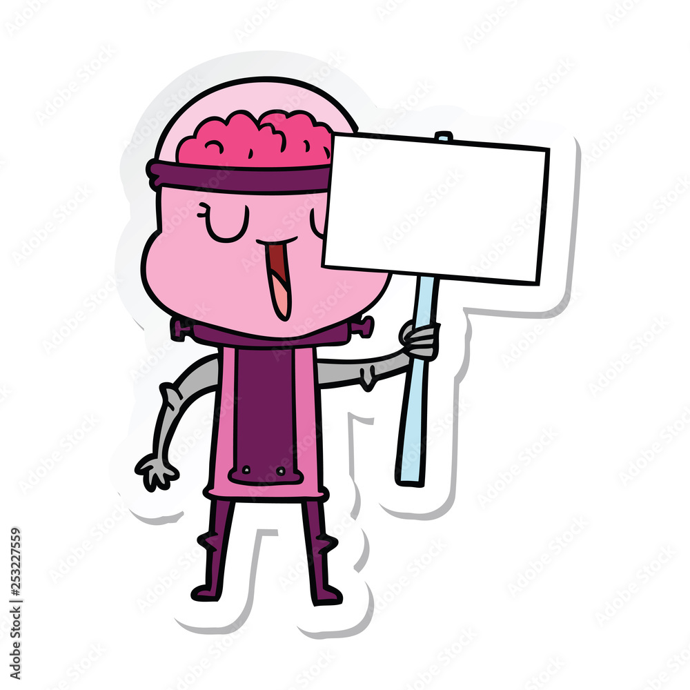 sticker of a happy cartoon robot with sign sticker of a happy cartoon robot with sign