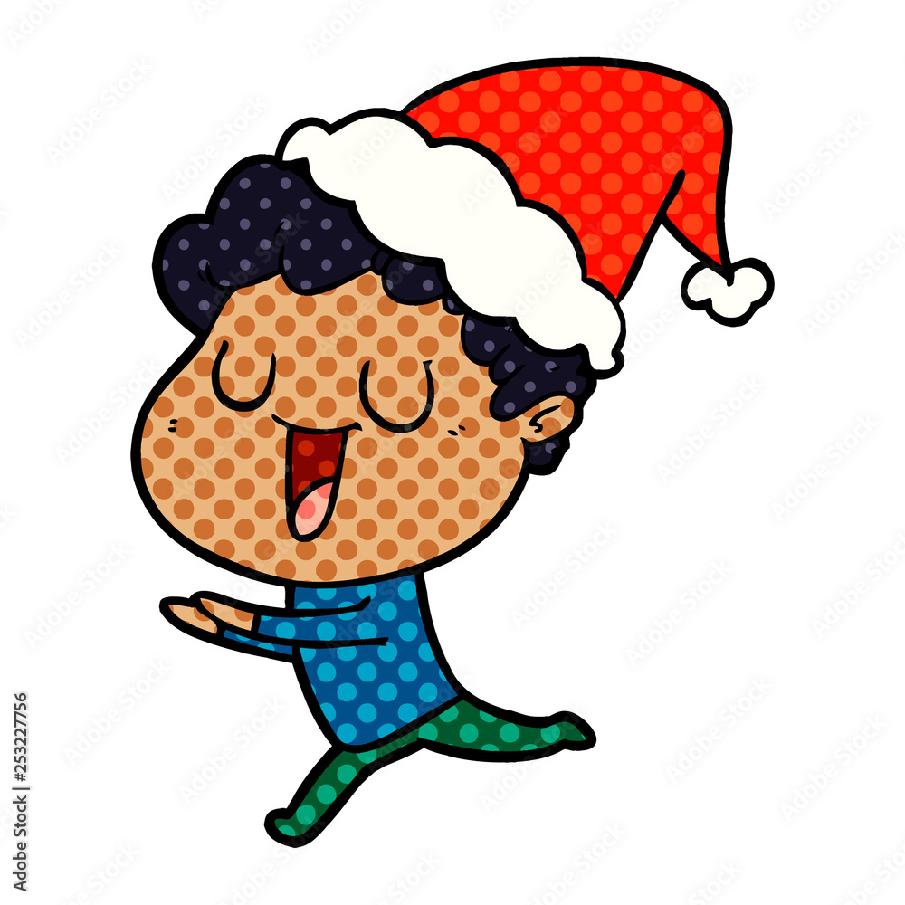 laughing comic book style illustration of a man running wearing santa hat