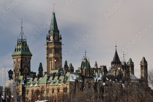 East Block of federal government Parliament buildings with Peace Tower Center Block and Library and Canadian War Memorial in Ottawa Canada