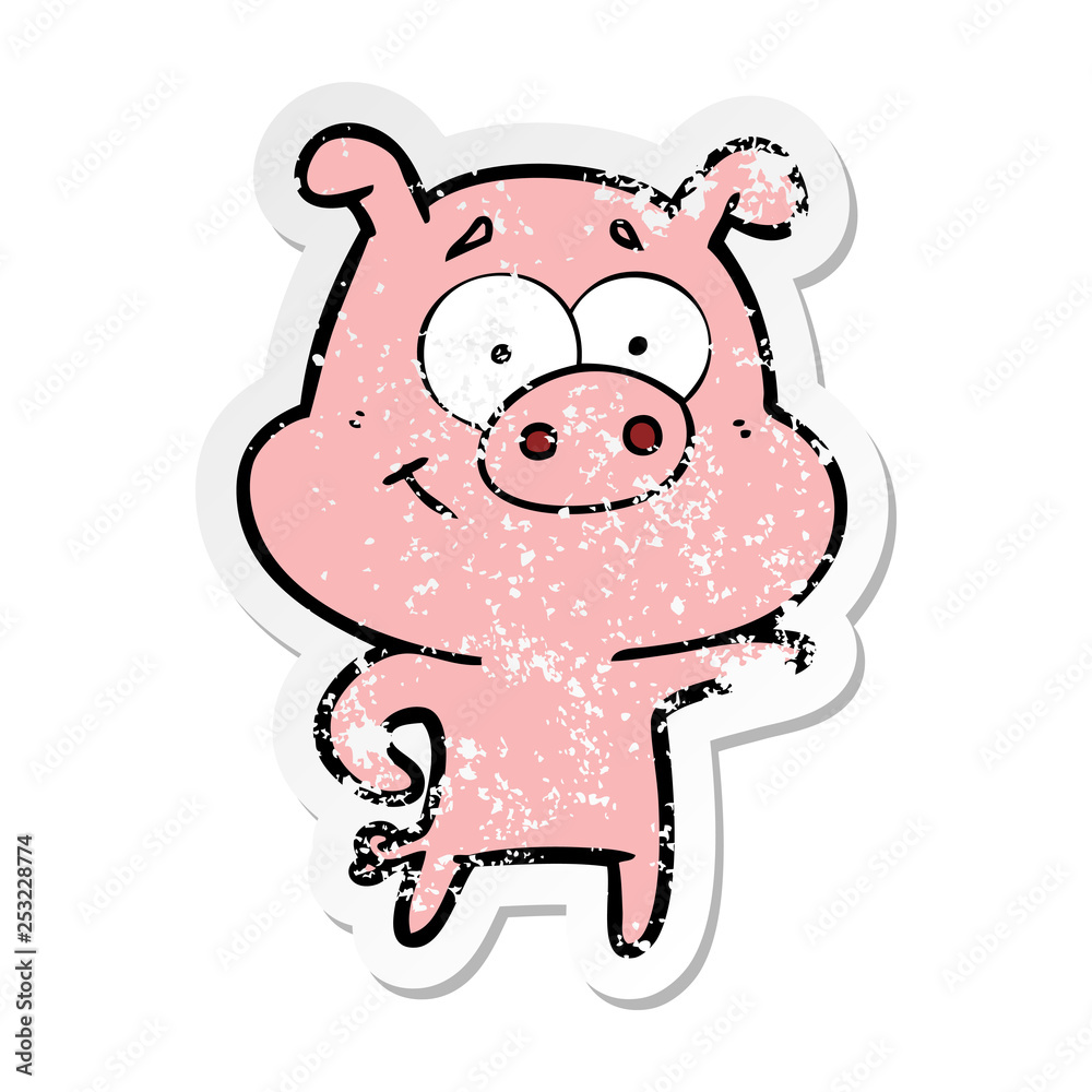 distressed sticker of a cartoon pig pointing distressed sticker of a cartoon pig pointing