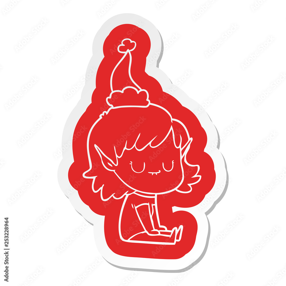happy cartoon sticker of a elf girl wearing santa hat happy cartoon sticker of a elf girl wearing santa hat