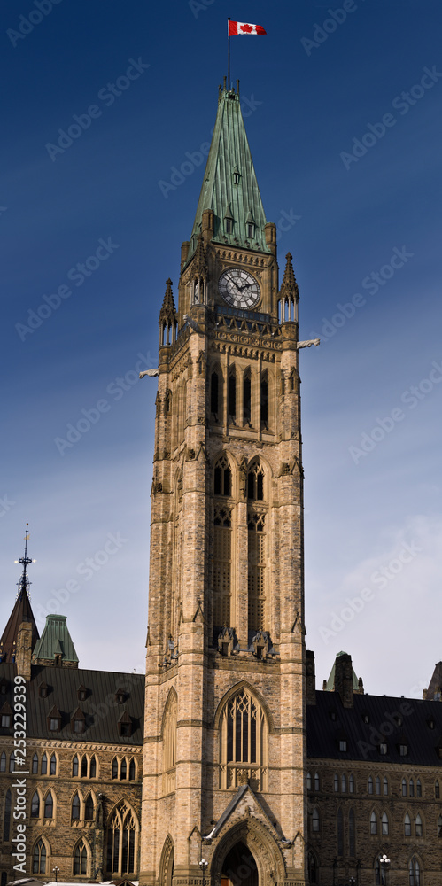 Peace tower of the Canadian Parliament Buildings with Centre Block confederation Hall on Parliament Hill Ottawa Canada in winter