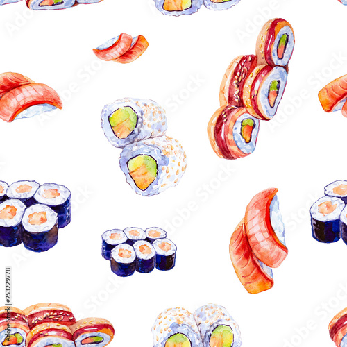 Watercolor illustration of a set of sushi and rolls. Isolated on white background. Seamless pattern