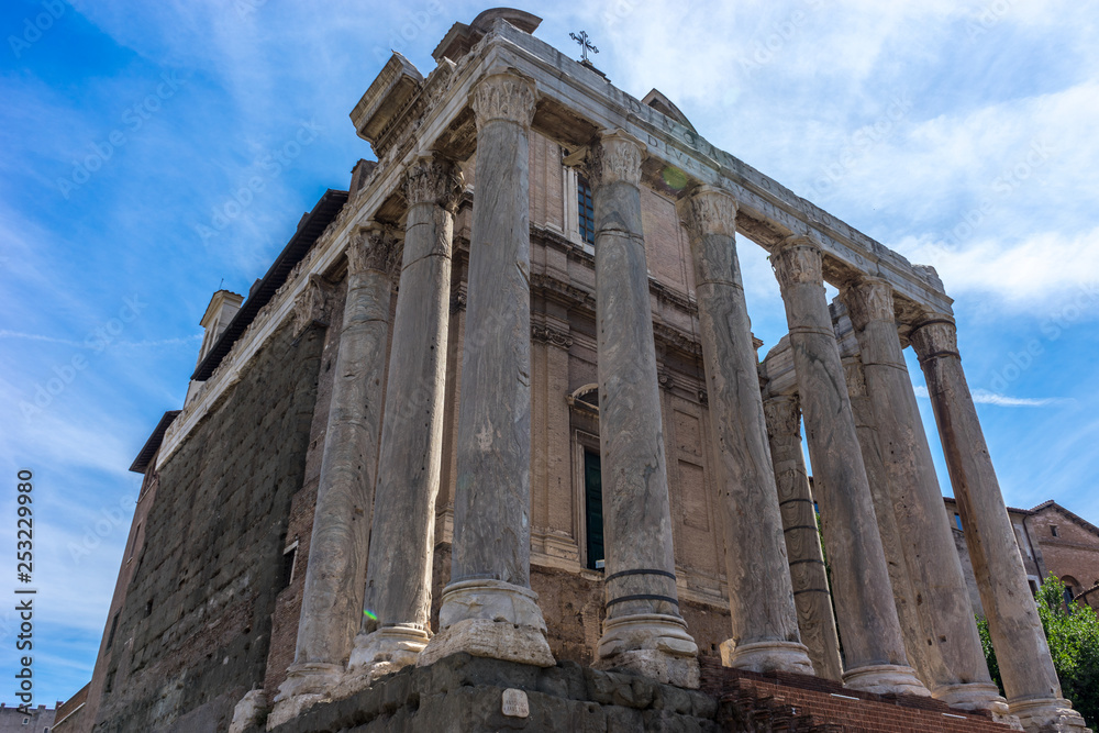 The ancient ruins of  Temple of Antoninus and Faustina at Palatine Hills, Roman Forum in Rome