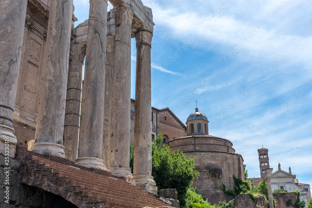 The ancient ruins of  Temple of Antoninus and Faustina at Palatine Hills, Roman Forum in Rome