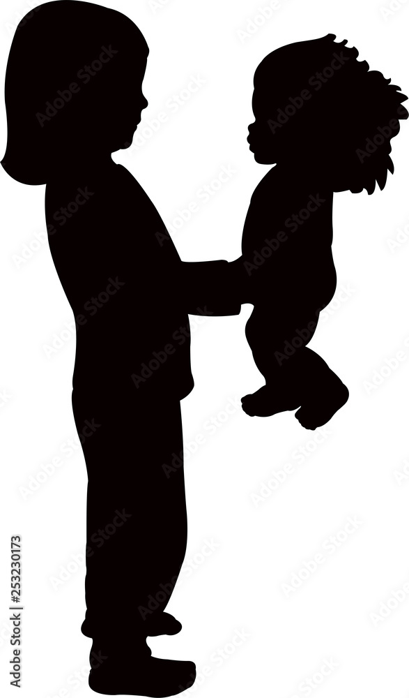 a girl playing with her doll, silhouette vector
