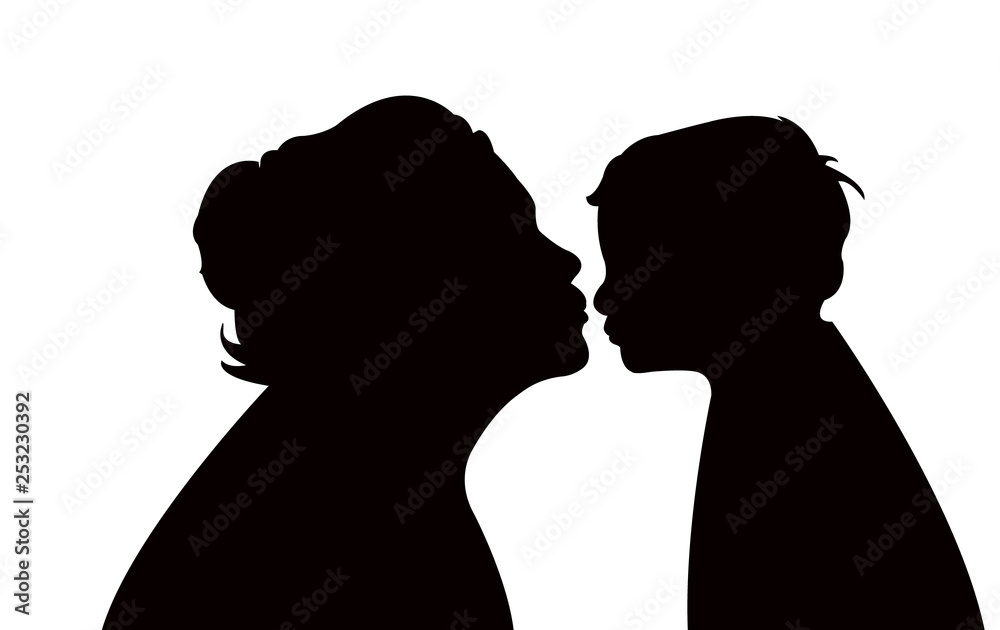 a mother kissing her son, silhouette vector