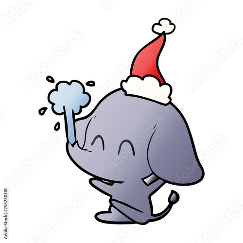 cute gradient cartoon of a elephant spouting water wearing santa hat